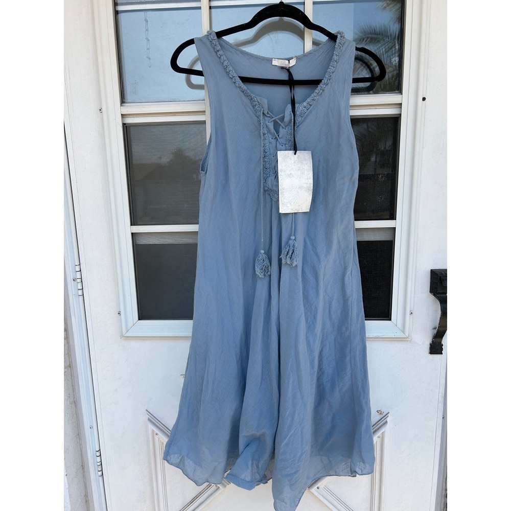 NWT Baci Italy Blue Cotton Gauze Lace Up Tassel Boho Dress M/L Artsy Lagenlook